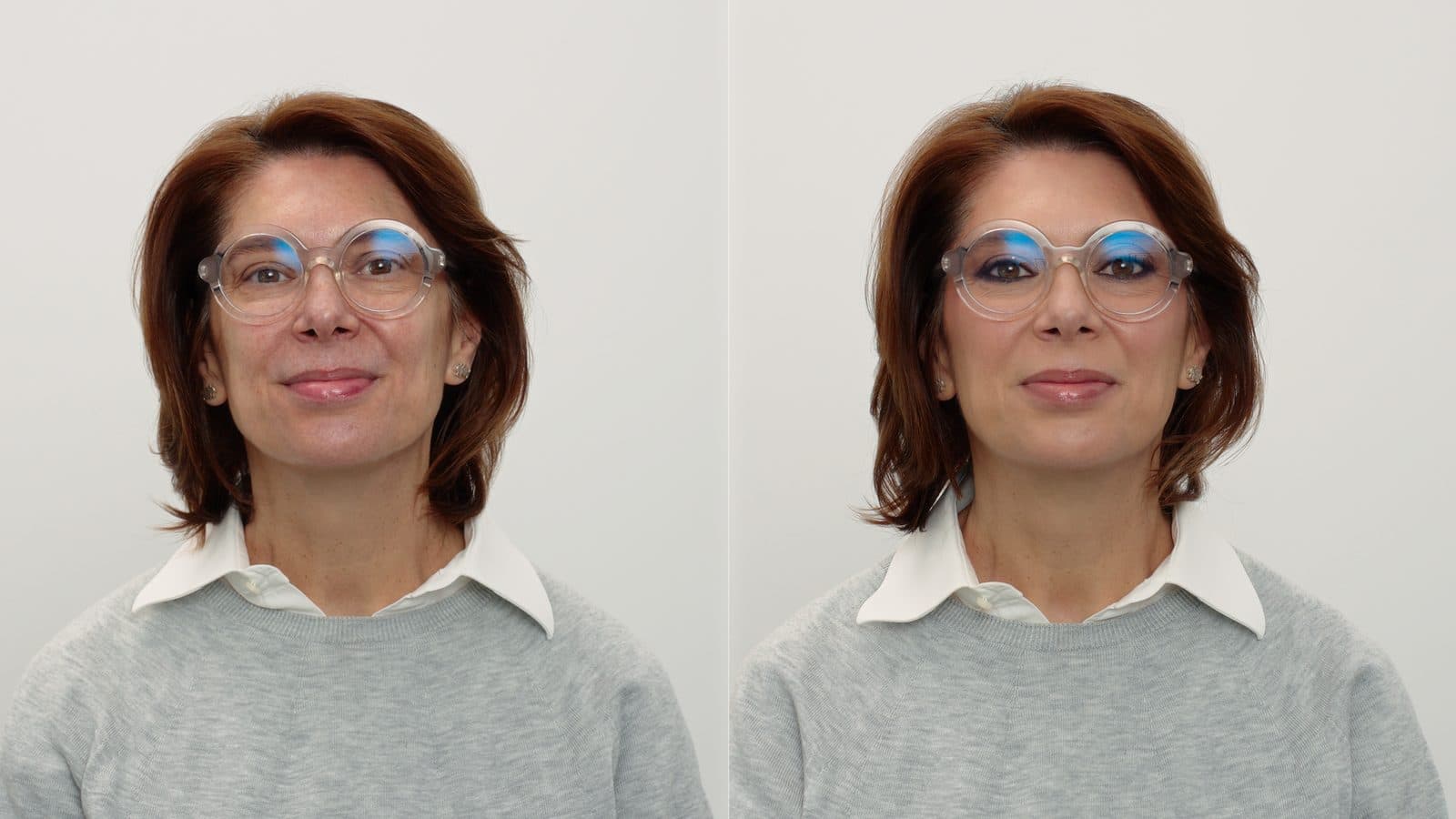 Aura cu ochelari, înainte și după machiaj: privirea devine mai conturată în spatele lentilelor.